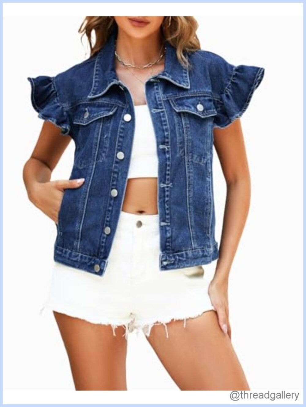 Ruffle Denim Vest Women Cap Sleeve Jean Vest Lightweight Sleeveless Jacket